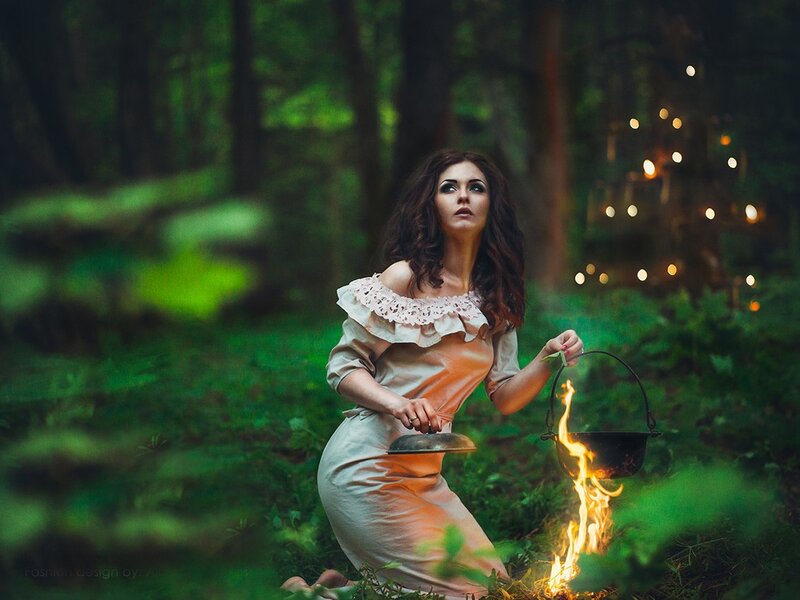 Woman in Forest — Green, Dramatic, Night, Photograph, Fire