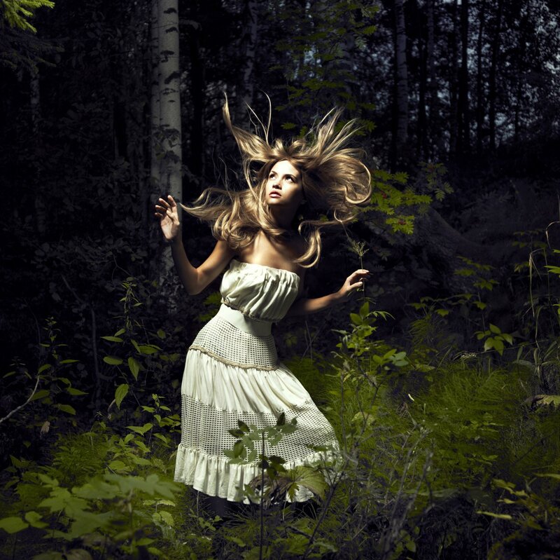 Woman in Forest — Green, Dramatic, Night, Photograph