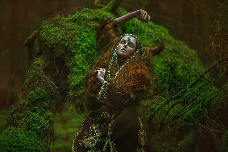 Woman in Forest — Green, Dramatic, Photograph, Mossy Tree