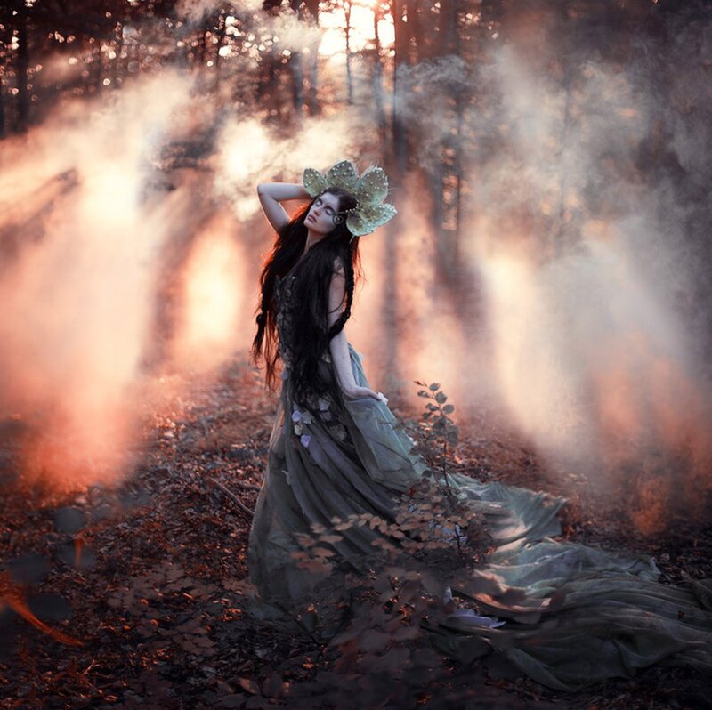Woman in Forest — Green, Dramatic, Sunset