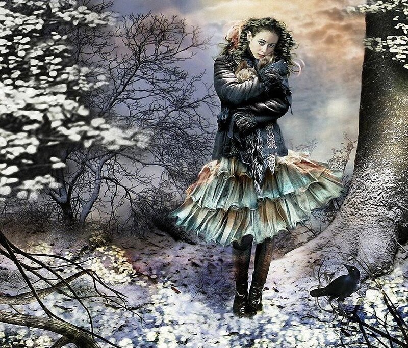 Woman in Forest — Green, Dramatic, Winter, Digital Art