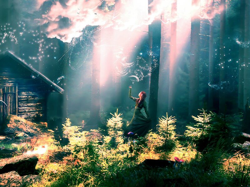 Woman in Forest — Green, Magical, Night, Digital Art, Cabin