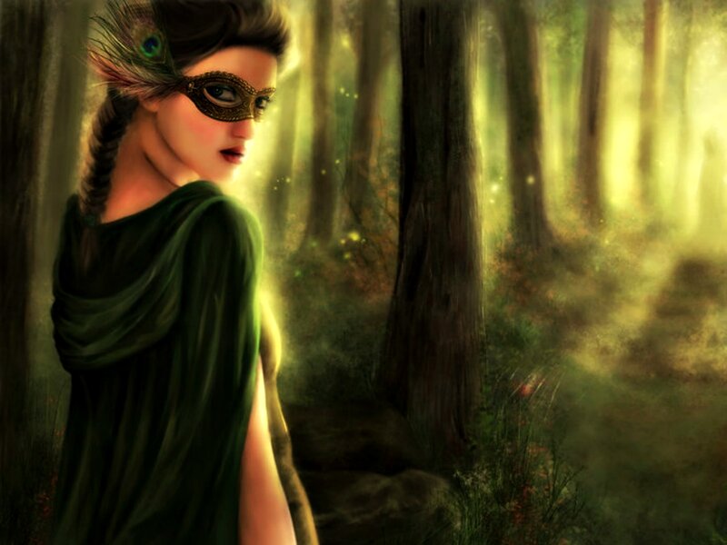 Woman in Forest — Green, Mysterious, Afternoon, Digital Art, Mask