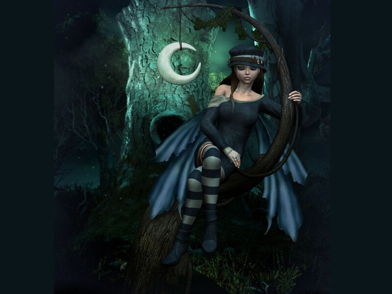 Woman in Forest — Green, Mysterious, Night, 3d Render