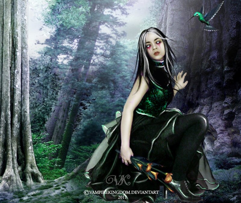 Woman in Forest — Green, Mysterious, Night, Digital Art, Bird