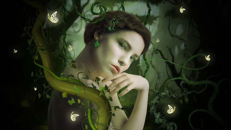 Woman in Forest — Green, Mysterious, Night, Digital Art, Butterflies