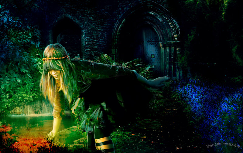Woman in Forest — Green, Mysterious, Night, Digital Art, Castle