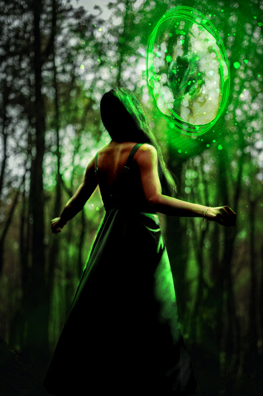 Woman in Forest — Green, Mysterious, Night, Digital Art, Green Light