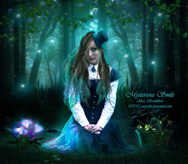 Woman in Forest — Green, Mysterious, Night, Digital Art, Top Hat