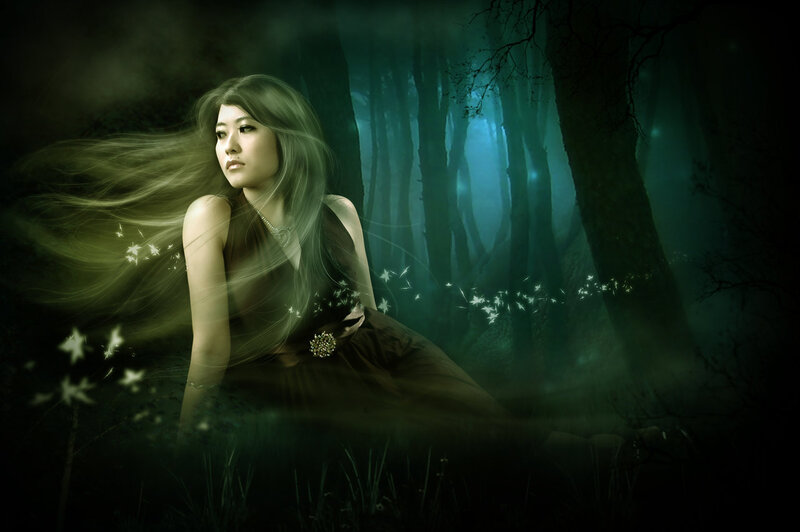 Woman in Forest — Green, Mysterious, Night, Digital Art, Trees