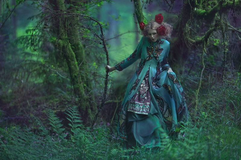 Woman in Forest — Green, Mystical, Night, Photograph