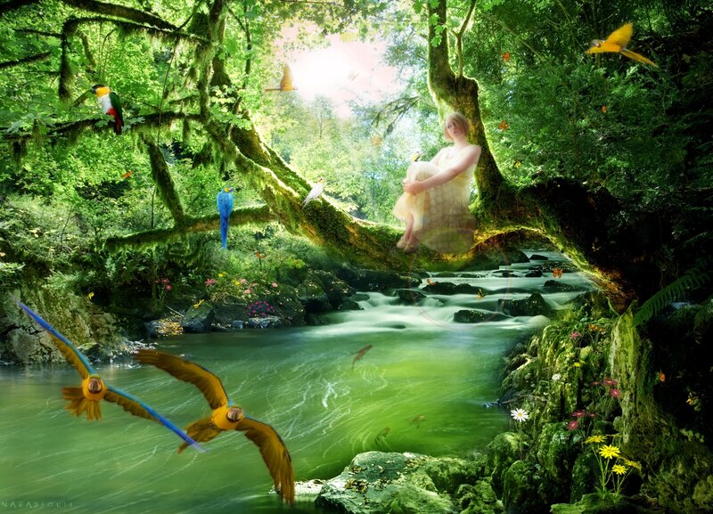 Woman in Forest — Green, Serene, Afternoon, Digital Art, Birds