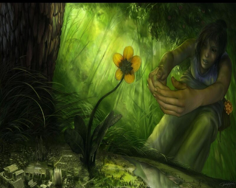 Woman in Forest — Green, Serene, Afternoon, Digital Art, Flower
