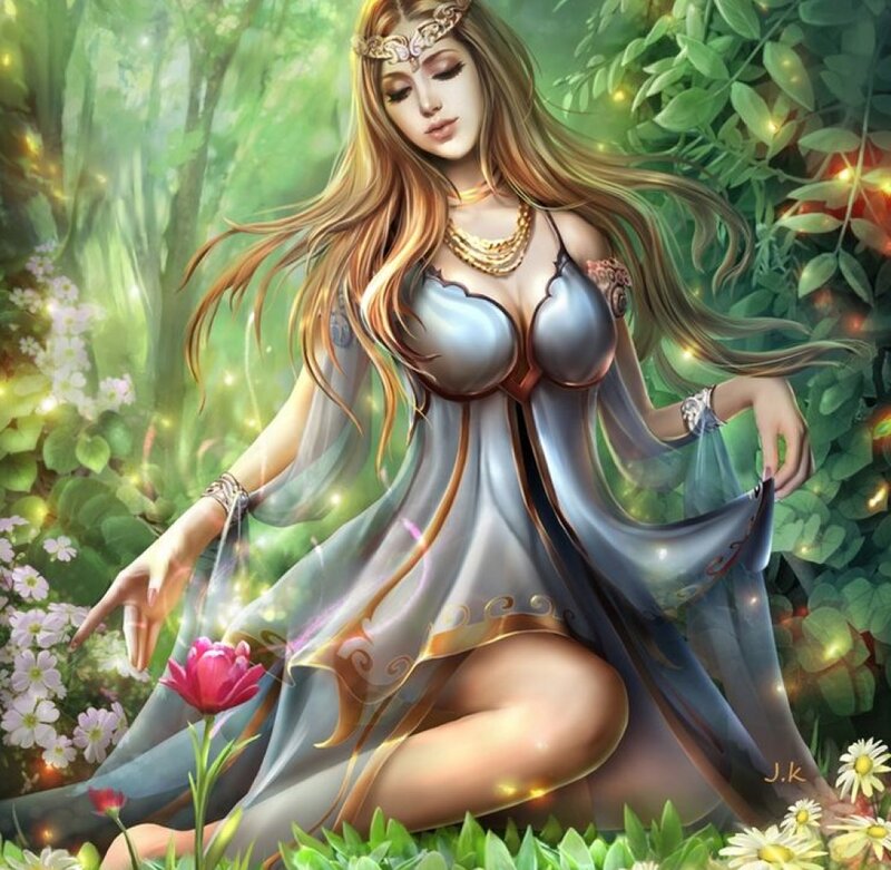 Woman in Forest — Green, Serene, Afternoon, Digital Art, Flowers
