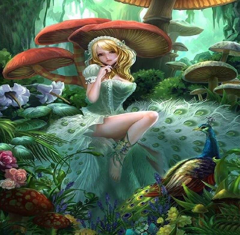 Woman in Forest — Green, Serene, Afternoon, Digital Art, Peacock