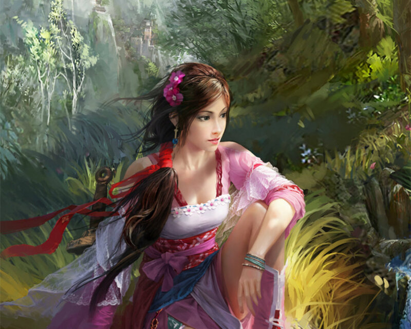 Woman in Forest — Green, Serene, Afternoon, Digital Art, Sword