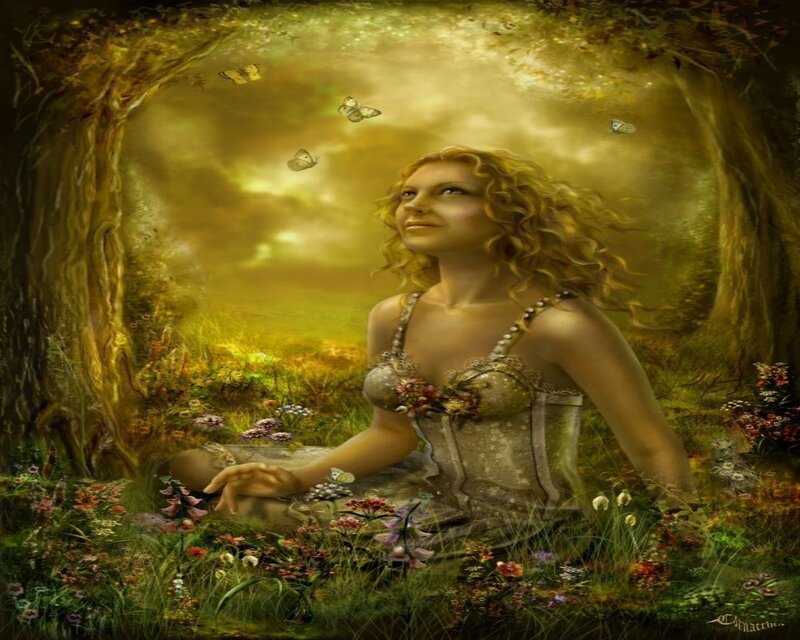Woman in Forest — Green, Serene, Afternoon, Digital Art