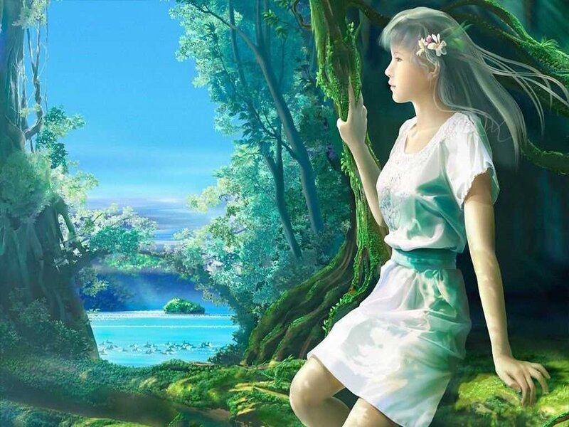 Woman in Forest — Green, Serene, Afternoon, Digital Art, Tree, Lake