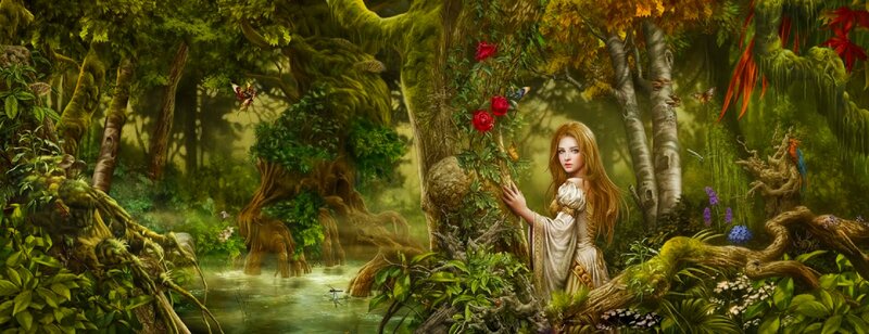 Woman in Forest — Green, Serene, Afternoon, Digital Art, Trees