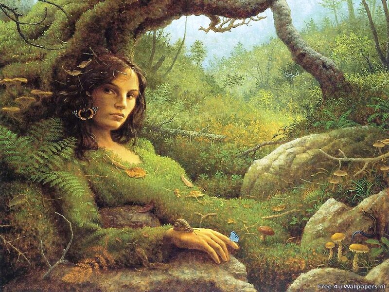 Woman in Forest — Green, Serene, Afternoon, Painting
