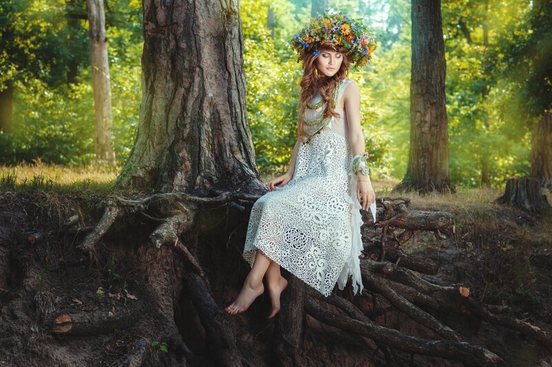 Woman in Forest — Green, Serene, Afternoon, Photograph, Flower Crown, Tree Roots