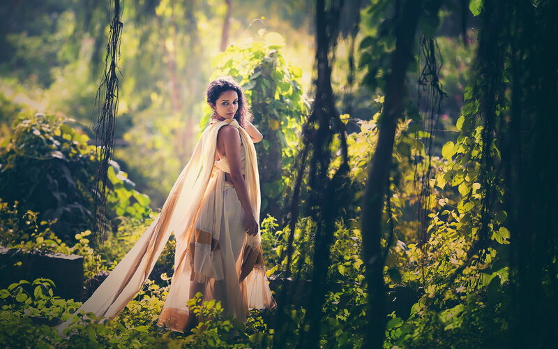 Woman in Forest — Green, Serene, Afternoon, Photograph, Sari