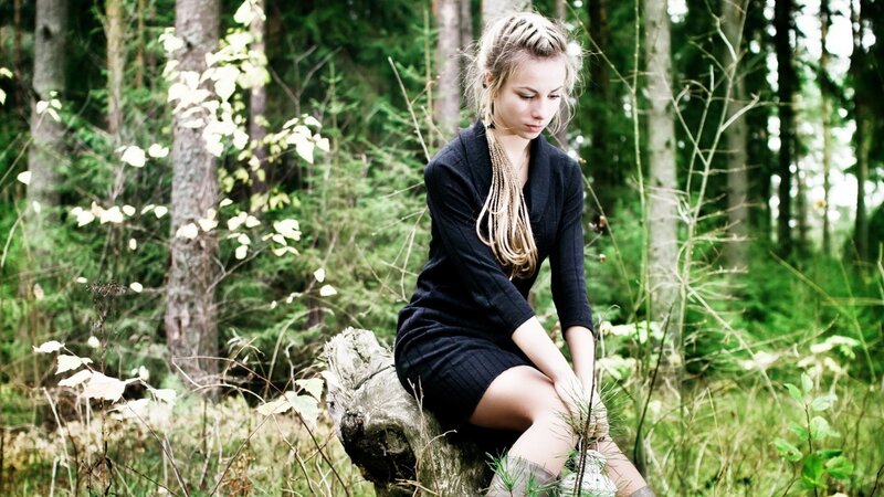Woman in Forest — Green, Serene, Afternoon, Photograph, Tree Stump
