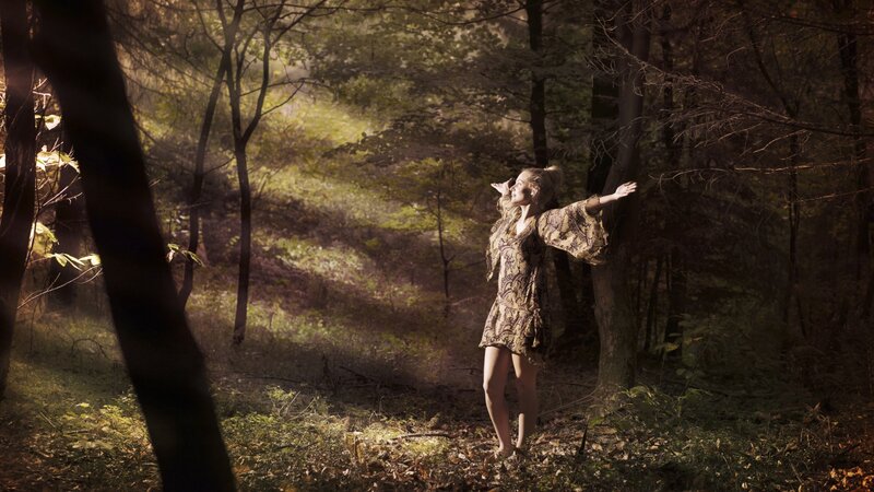 Woman in Forest — Green, Serene, Afternoon, Photograph, Trees, Sunlight