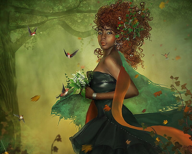 Woman in Forest — Green, Serene, Autumn, Digital Art, Birds