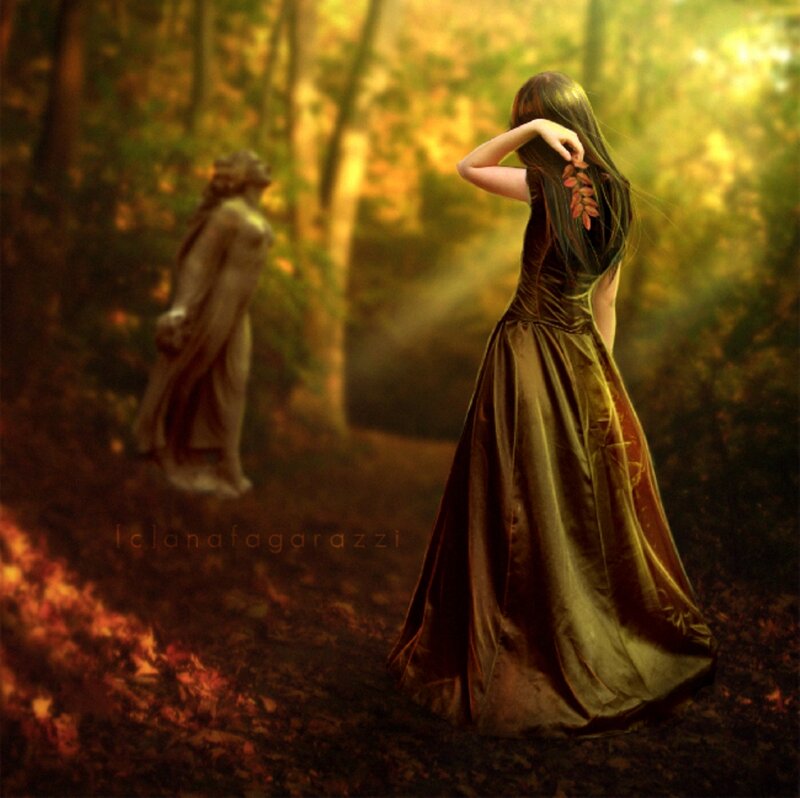 Woman in Forest — Green, Serene, Autumn, Digital Art, Statue