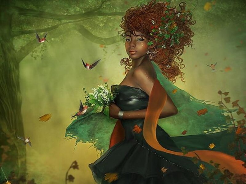 Woman in Forest — Green, Serene, Autumn, Digital Art