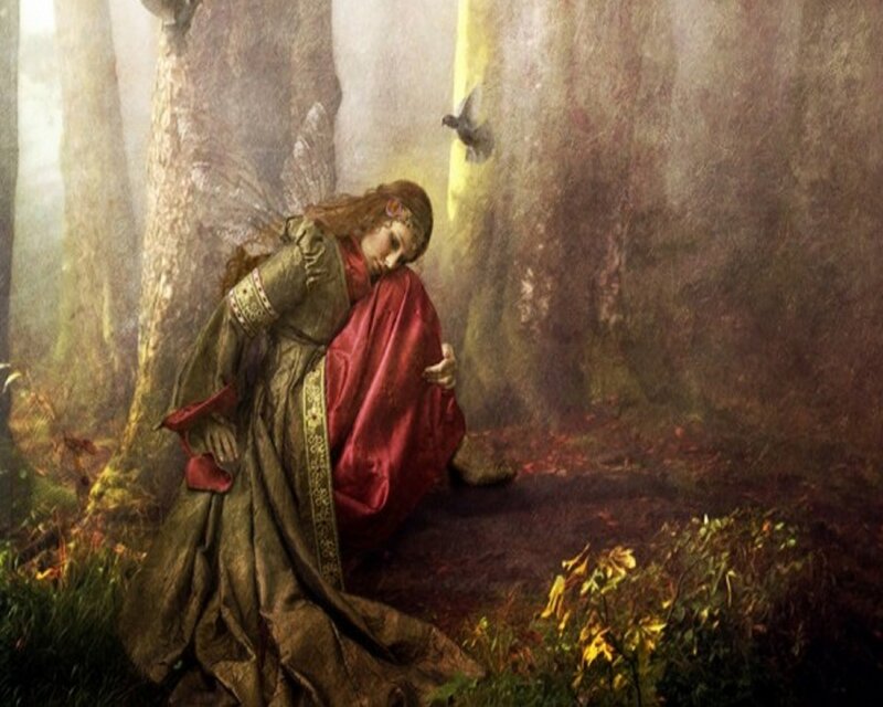 Woman in Forest — Green, Serene, Autumn, Painting