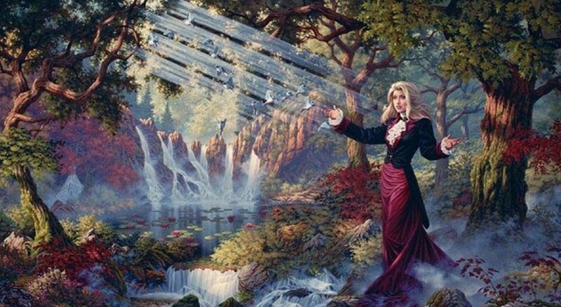 Woman in Forest — Green, Serene, Autumn, Painting, Trees