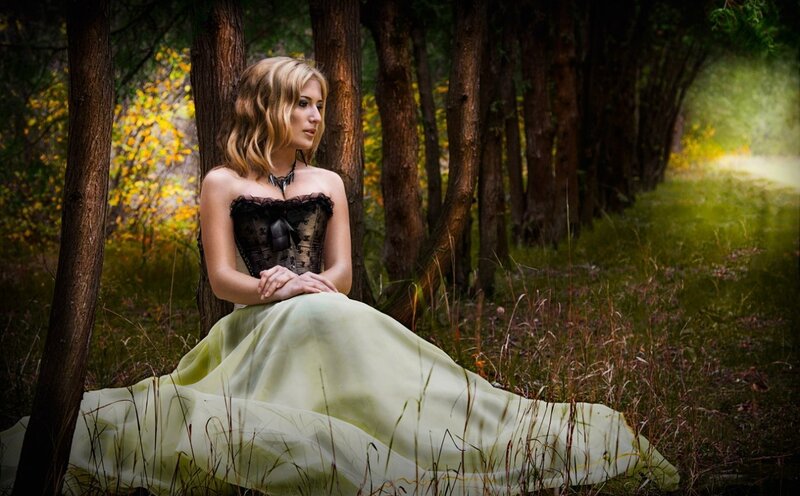 Woman in Forest — Green, Serene, Autumn, Photograph, Dress