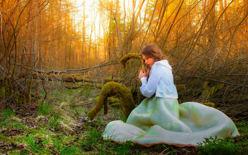 Woman in Forest — Green, Serene, Autumn, Photograph, Tree Roots