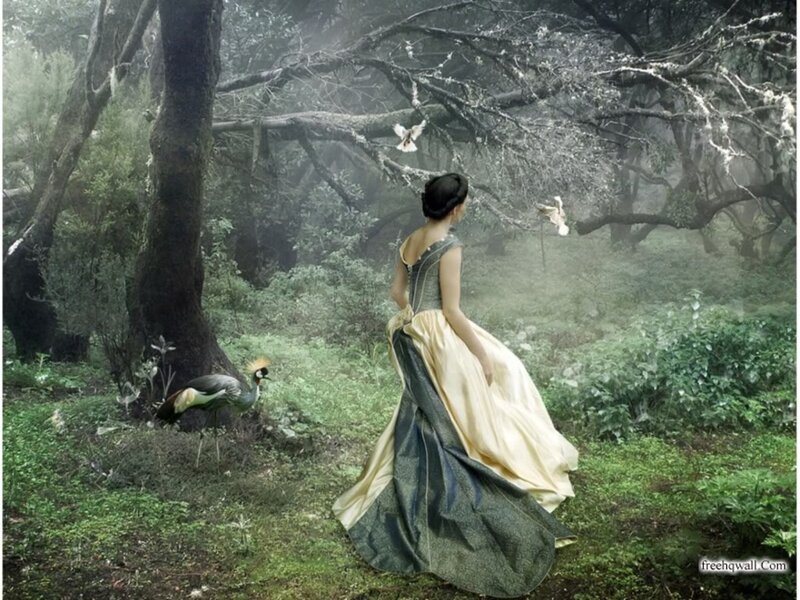 Woman in Forest — Green, Serene, Morning, Digital Art, Bird