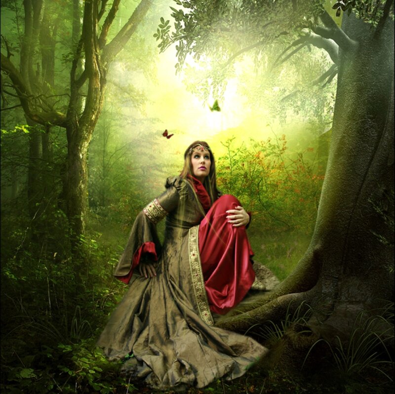 Woman in Forest — Green, Serene, Morning, Digital Art, Butterfly, Tree