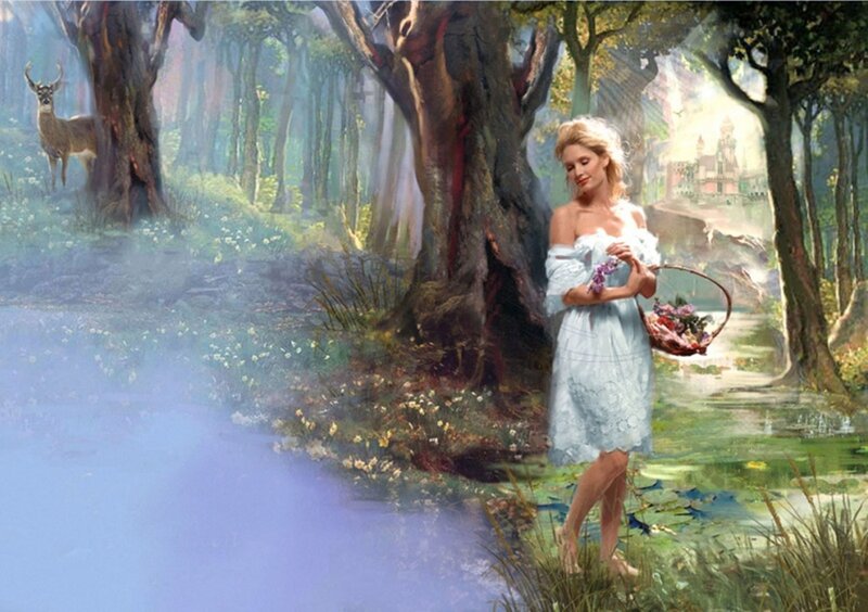 Woman in Forest — Green, Serene, Morning, Digital Art, Deer