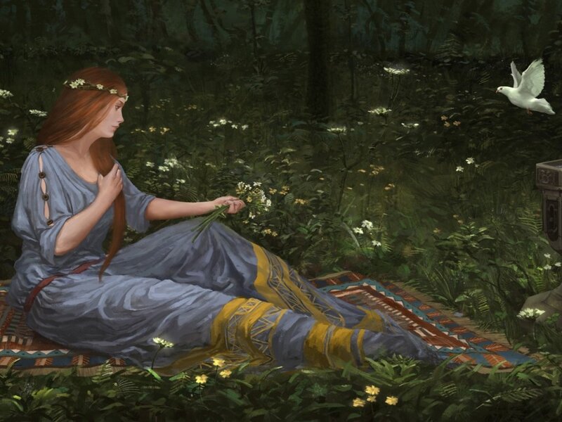 Woman in Forest — Green, Serene, Morning, Digital Art, Dove