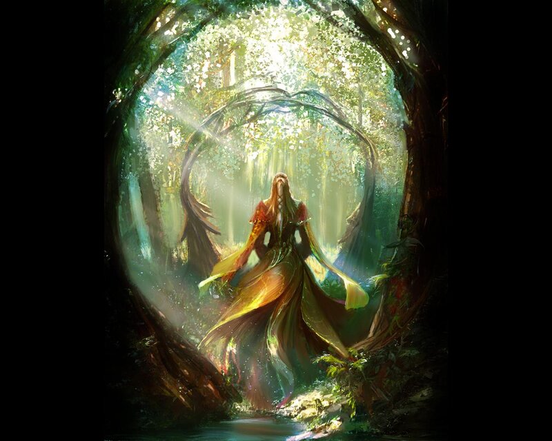 Woman in Forest — Green, Serene, Morning, Digital Art, Light