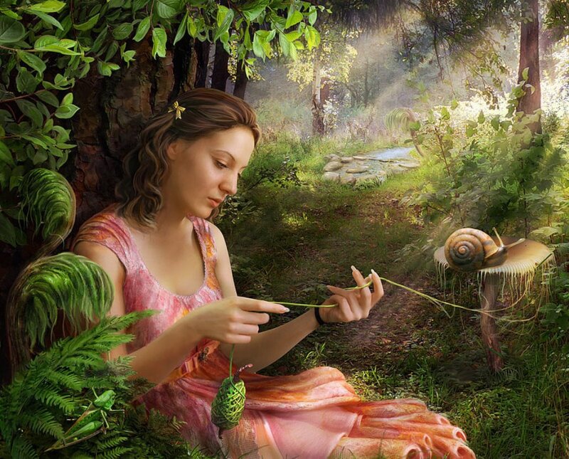 Woman in Forest — Green, Serene, Morning, Digital Art, Snail