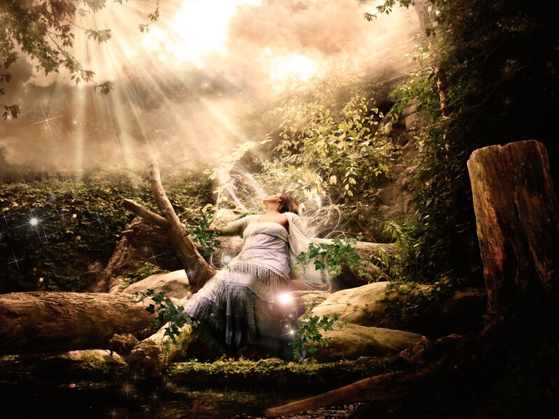 Woman in Forest — Green, Serene, Morning, Digital Art, Sunlight