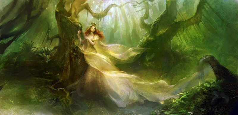 Woman in Forest — Green, Serene, Morning, Digital Art