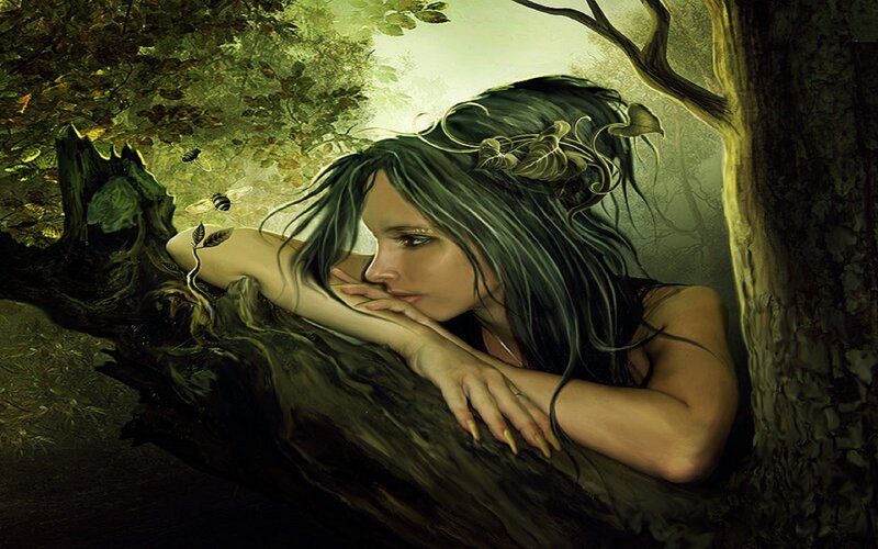 Woman in Forest — Green, Serene, Morning, Digital Art, Tree, Bees