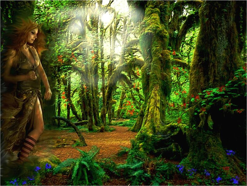 Woman in Forest — Green, Serene, Morning, Digital Art, Trees, Moss