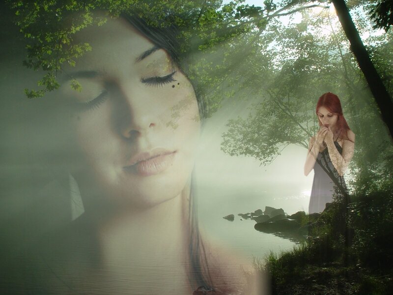 Woman in Forest — Green, Serene, Morning, Digital Art, Trees
