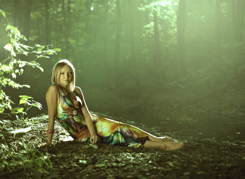 Woman in Forest — Green, Serene, Morning, Photograph