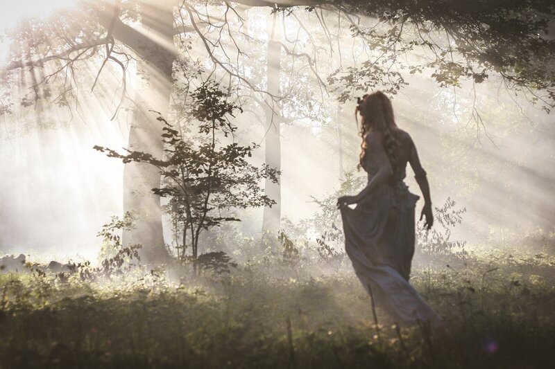 Woman in Forest — Green, Serene, Morning, Photograph, Trees