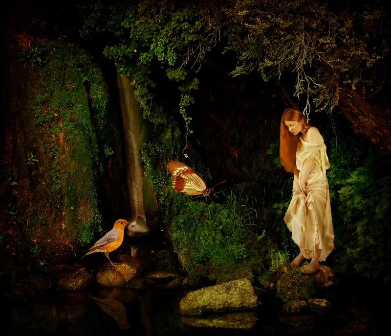 Woman in Forest — Green, Serene, Night, Digital Art, Bird
