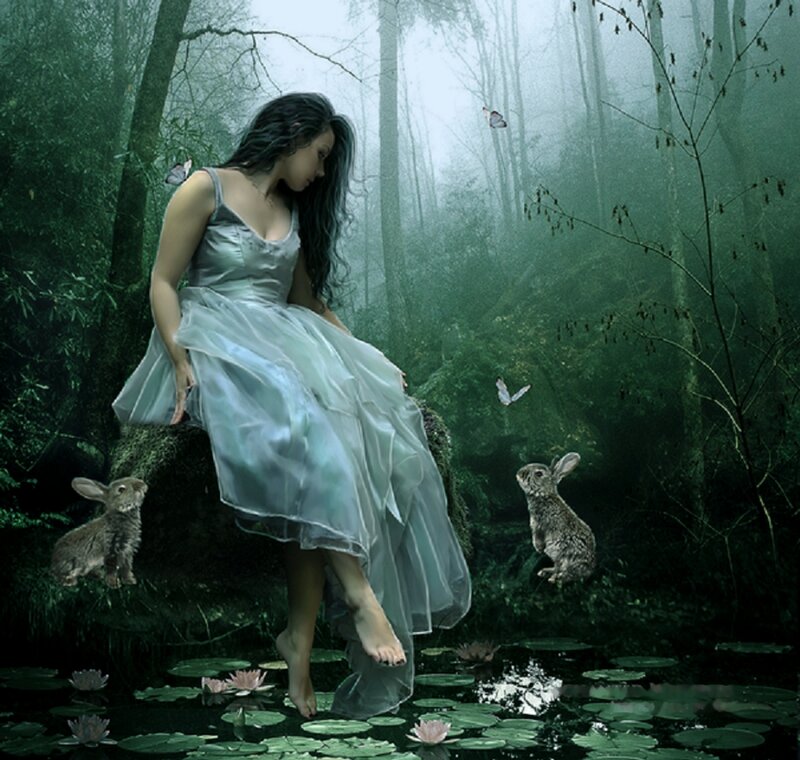 Woman in Forest — Green, Serene, Night, Digital Art, Bunnies